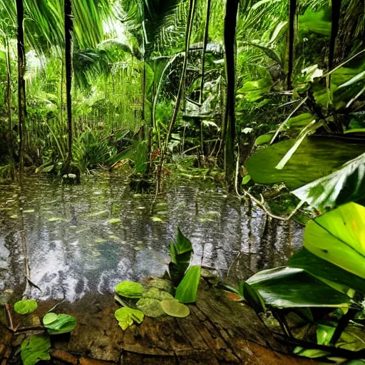 Image similar to pristine bath filled with bubbles in a clearfelled jungle, deforestation, slash and burn