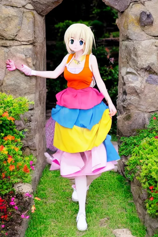 Image similar to a very cute art of a smiling blonde anime girl idol wearing a colorful dress walking at the garden, tongue out, cheeky, in the style of anime, near a stone gate