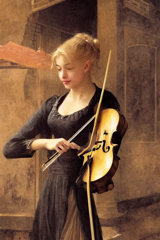 Prompt: beautiful blonde girl, expressively playing the violin, in a venetian outfit, illustration, manga, on the roof of a burning building, highly detailed, artstation, illustration, jurgens, rutkowski, bouguereau, canon eos r 3