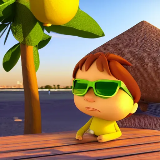 Prompt: 3d render, Chibi lemon character with an accomplished look on his face, he is wearing green sunglasses relaxing on the beach at sunset