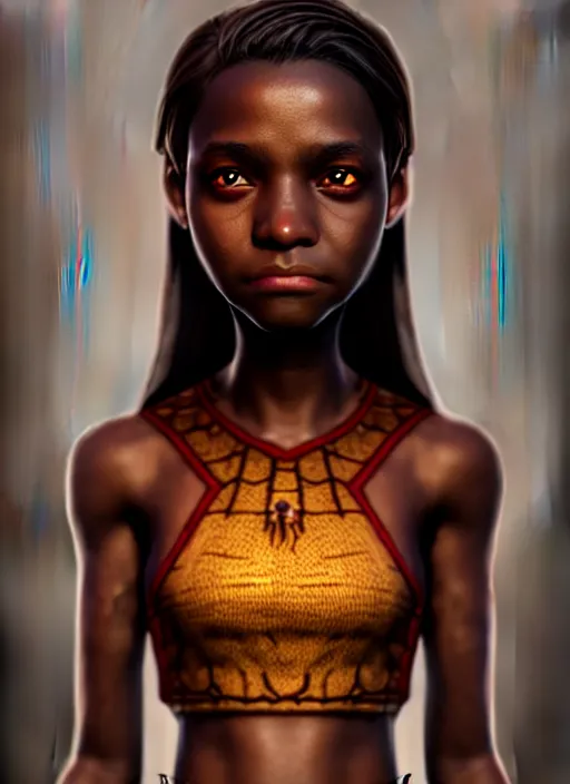 Image similar to An epic fantasy comic book style portrait painting of a short dark skinned girl thief with spidery hair and kind eyes, unreal 5, DAZ, hyperrealistic, octane render, cosplay, RPG portrait, dynamic lighting