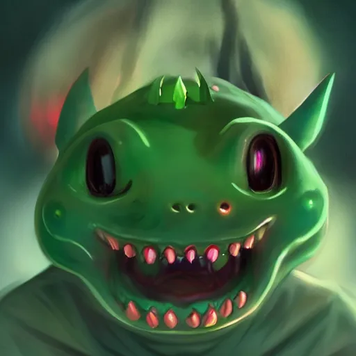 Image similar to terrifying aesthetic portrait of bulbasaur, nightmare, teeth, demonic, hyperrealistic, super cute, character design, artstation, 4 k, ultra detailed digital art