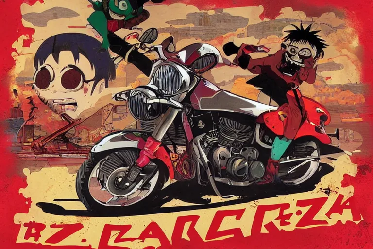 Image similar to pizza restaurant, akira's motorcycle, gorillaz, poster, high quality