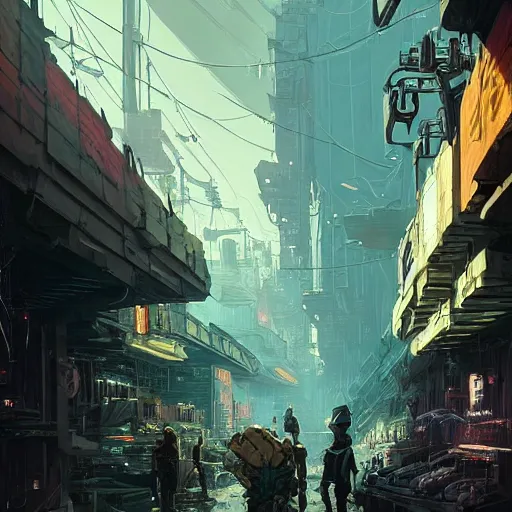 Image similar to A beautiful ultra detailed concept art landscape of the underbelly of a cyberpunk city black market alley way on an alien planet, dirty and robust, cool color scheme by Pixar, dan mumford, beeple, sparth, andreas rocha john howe, and Martin Johnson Heade, concept art wallpaper, featured on conceptartworld, cinematic lighting, landscape photography composition, f16, night time, unreal engine, trending on behance, featured on artstation