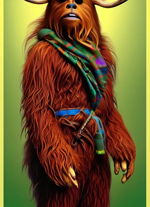 Image similar to symmetry!! portrait of chewbacca as antlered deer wearing a colorful scarf!, intricate, elegant, highly detailed, digital painting, artstation, concept art, smooth, sharp focus, illustration, art by artgerm and greg rutkowski and alphonse mucha, 8 k