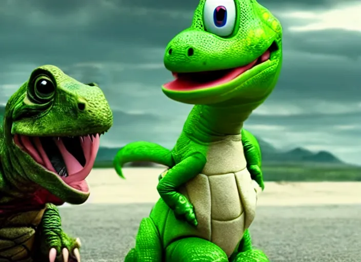 Image similar to film still of yoshi in the new sci - fi movie, cute upright dinosaur with a small turtle shell and long tongue, 8 k