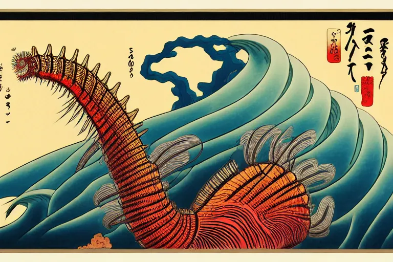 Image similar to ukiyoe painting of cambrian era anomolocarus, trending on artstation