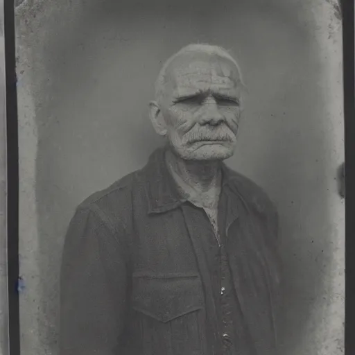 Image similar to tintype photograph, post - nuclear town, old man, tattooed man, sad man, 2 0 9 0 s