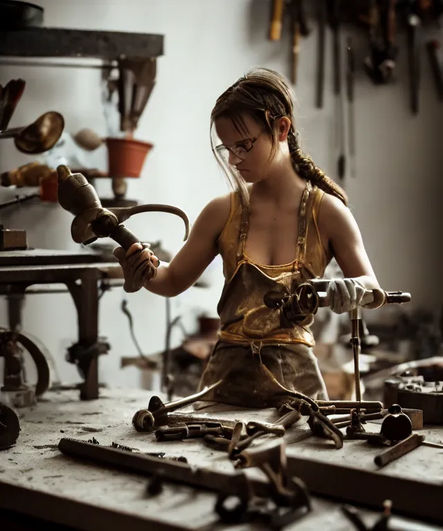 Image similar to A beautiful girl makes bronze gear on a workbench, 50mm photo, soft light, highly detailed, motion blur, trending on artstation