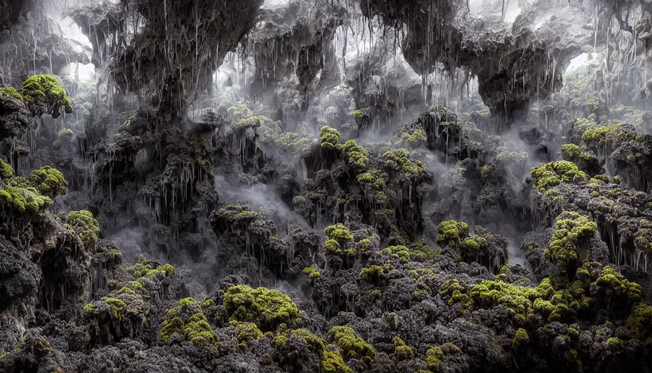 Image similar to dark wet expansive caves with growing fungal mycelium biodiversity ,deep boiling pools of water reflecting the surfaces around them spraying steam high into the air , small futuristic cities emerge in between the rock formations, dramatic dusk sun illuminates areas and cast strong shadows, volumetric light through the boiling mist ,detailed entangled fibres carpet the fallen rocks , tree roots puncture and crack rocks , stormy clouds gather in the distance ,full colour , upscale , 8k