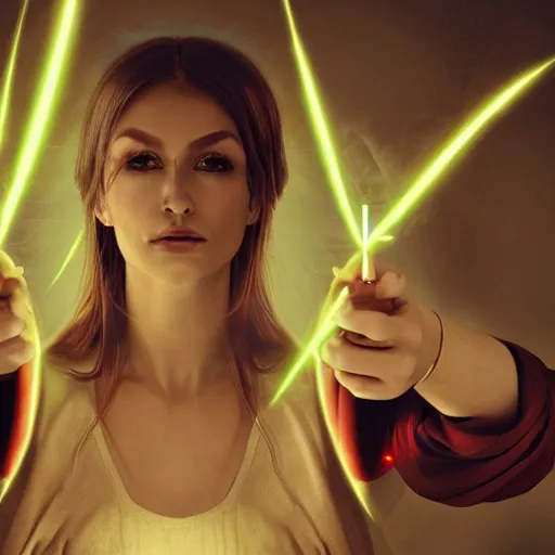 Image similar to a female fantasy wizard shooting a beam of energy at an object off screen, eyes serious cool look,