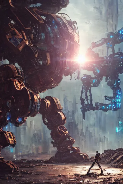 Image similar to a futurecore boxing humanoid mecha in ruin city, bright, by real steel ( 2 0 1 1 ), sharp focus, eve venture, raymond swanland, cryengine, post apocalyptic, mechanical structure, unreal engine 5, 8 k realistic, hyper detailed, bright, background by greg rutkowski,, digital painting, concept art, dof