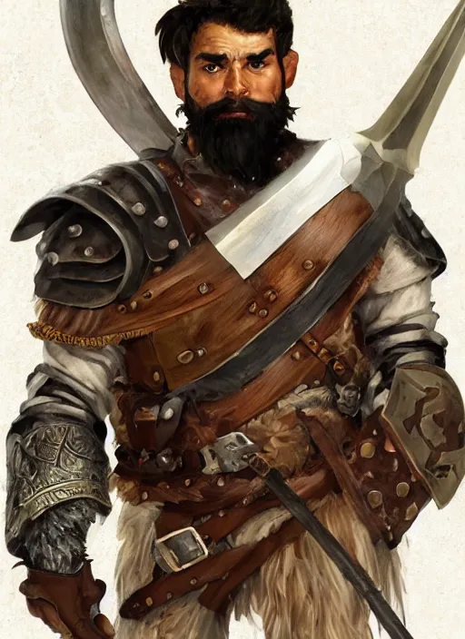 Image similar to strong young man, photorealistic bugbear ranger holding sword, fire magic, black beard, dungeons and dragons, pathfinder, roleplaying game art, hunters gear, jeweled ornate leather and steel armour, concept art, character design on white background, by sargent, norman rockwell, makoto shinkai, kim jung giu, artstation trending, poster art, colours red and green