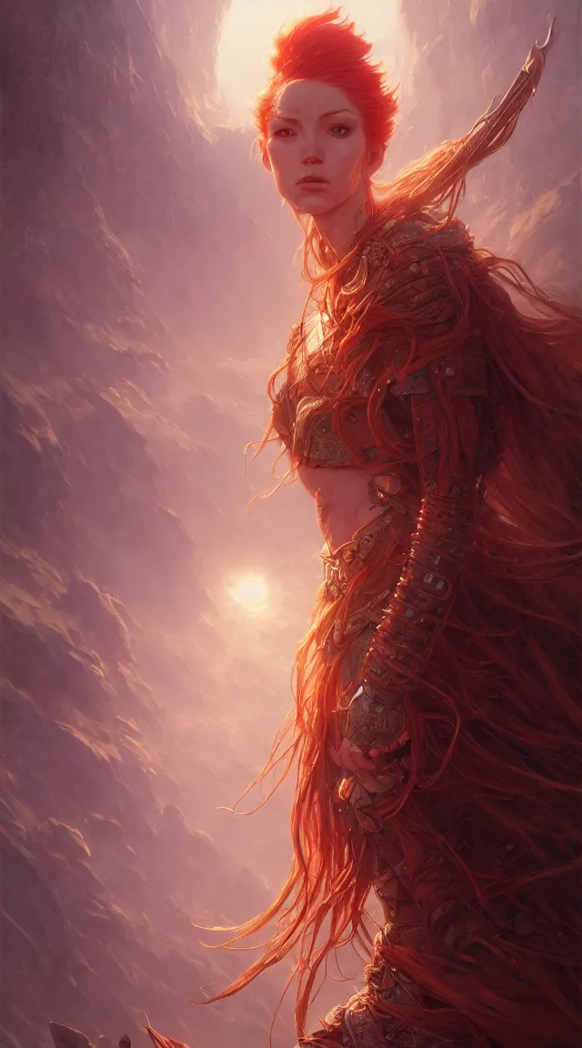 Prompt: highly detailed portrait of a warrior redhead woman, elden ring, stephen bliss, fantasy art by greg rutkowski, loish, rhads, ferdinand knab, makoto shinkai and lois van baarle, ilya kuvshinov, rossdraws, tom bagshaw, global illumination, radiant light, detailed and intricate environment