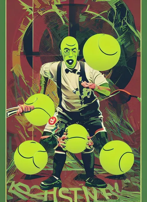 Image similar to tennis ball monsters, poster artwork by Michael Whelan and Tomer Hanuka, Karol Bak Major Buster Keaton , clean