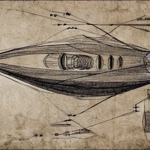 Prompt: davinci drawing of warp drive ship diagram, highly detailed