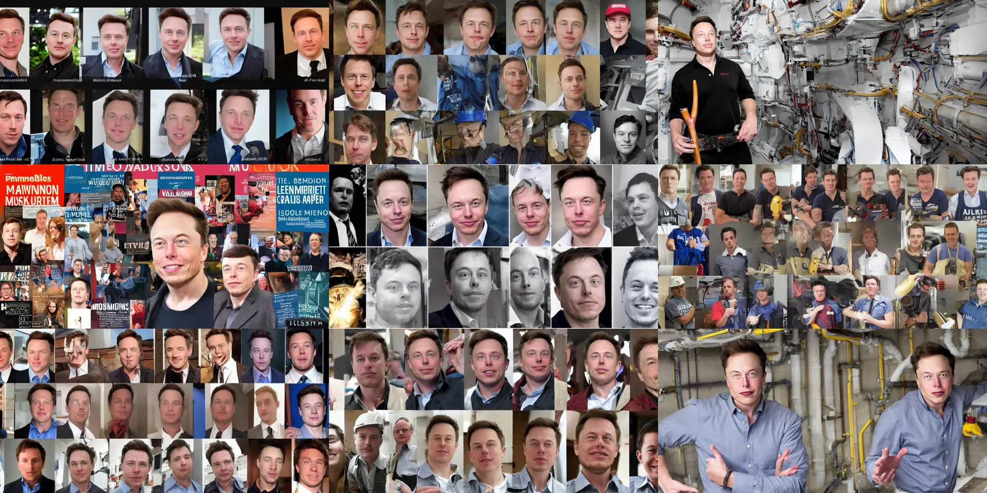 Prompt: multiple elon musks each with a different vocation : a plumber, pilot, driver, accountant, librarian, engineer, builder, carpenter