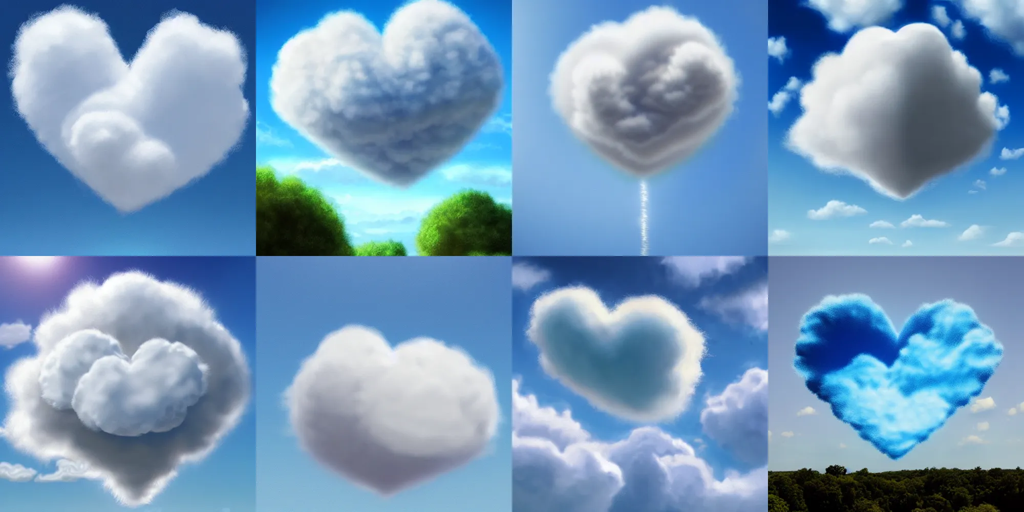 Prompt: huge fluffy cloud heart on blue clear sky, detailed, hyper realism, photo, realistic, soft volume absorbation, volume light, view up, behance, artstation, ultra realism, cinematic, film
