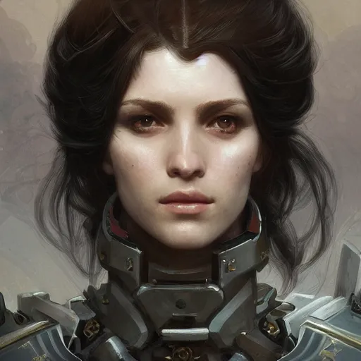 Image similar to A pale young french woman as an warhammer 40k marine, very detailed face, gorgeous, beautiful, intricate, highly detailed, digital painting, artstation, concept art, sharp focus, illustration, art by greg rutkowski and alphonse mucha