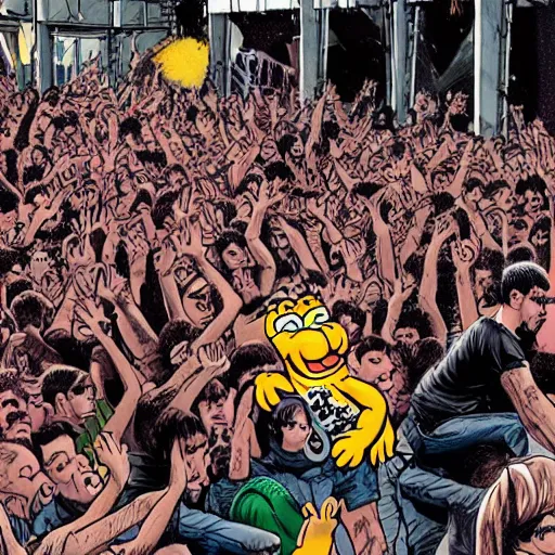 Prompt: hyper realistic garfield moshing at a hardcore punk show, detailed, photography