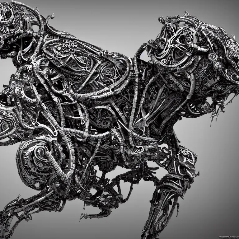 Prompt: surreal biomechanical spinal ribbed tribal exotic organic animal mechanical cyborg, beautiful detailed intricate insanely detailed BW 3D render digital art, octane render, 8K artistic photography, photorealistic