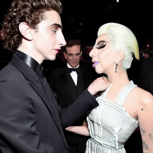 Image similar to timothee chalamet and lady gaga meet eachother, highly beautiful faces, highly detailed