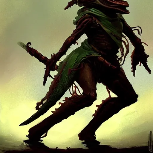 Prompt: A frog warrior, walking on stilts, by greg rutkowski, in the style of magic the gathering