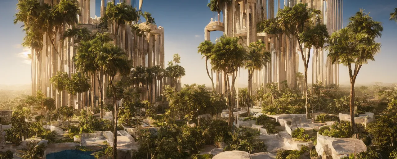 Image similar to contemporary golden babylon tower, sacred ancient architecture, hanging gardens, cascading highrise, arid mountains with lush palm forest, sunlight, post - production, octane, cgi, sfx