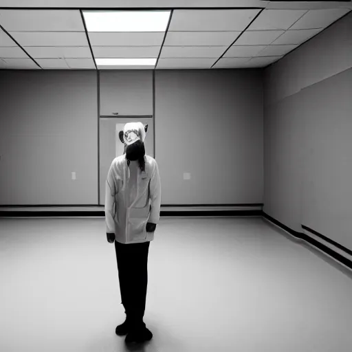 Prompt: a sad surgeon standing in an empty operating theater, award winning photography, law of thirds, black and white