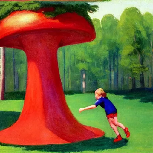 Image similar to Children bouncing high on a giant red mushroom in a mystical forest, painting by Edward Hopper