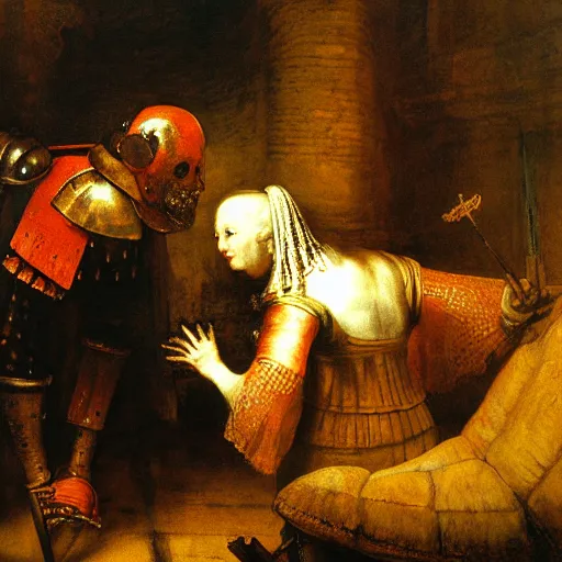 Prompt: Battered knight proposing to the Maiden of Death by Rembrandt