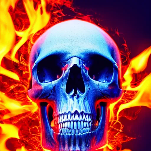 Image similar to a highly detailed human skull with intricate designs on fire in front of a neon blue background, 3 d, fire through eyes, octane render, symmetrical, hyper realism, highly detailed, digital art, artstation, concept art, cinematic lighting, strong bokeh, trending