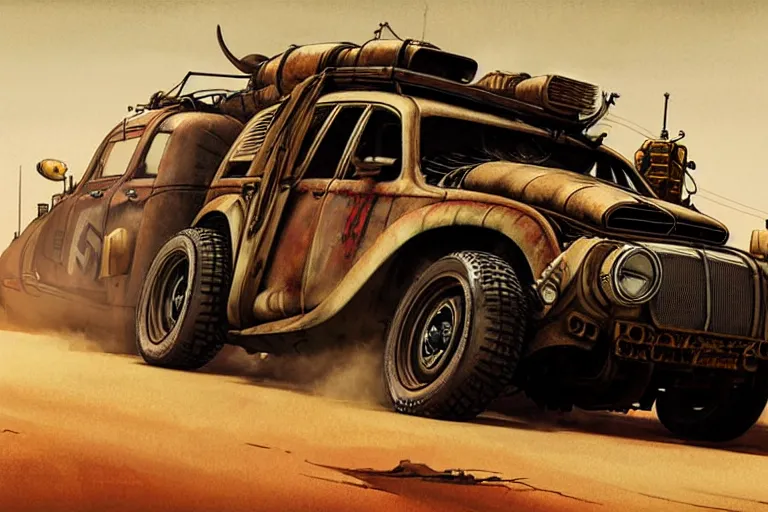 Prompt: dieselpunk mad max's 4 wd offroad honda kei van pursuit special painted by greg rutkowski makoto shinkai takashi takeuchi studio ghibli, akihiko yoshida