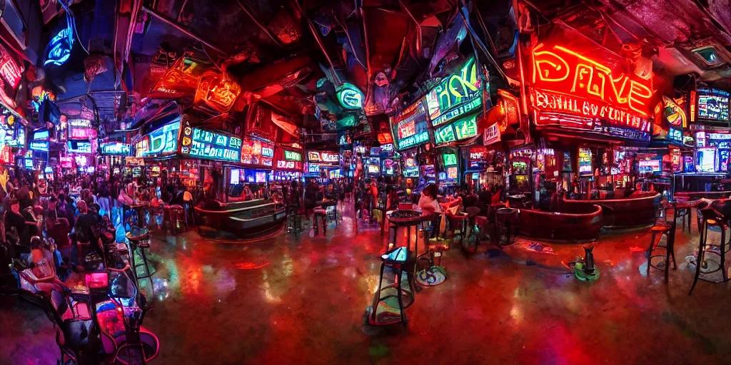 Prompt: a high quality wide angle photo inside the dive bar of a futuristic cyberpunk city, dark, crowded, drinks, dancing, neon lights, realism, 8k