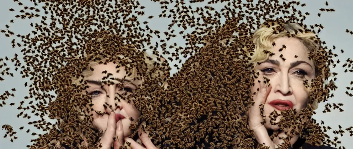 Image similar to Madonna eating a swarm of bees