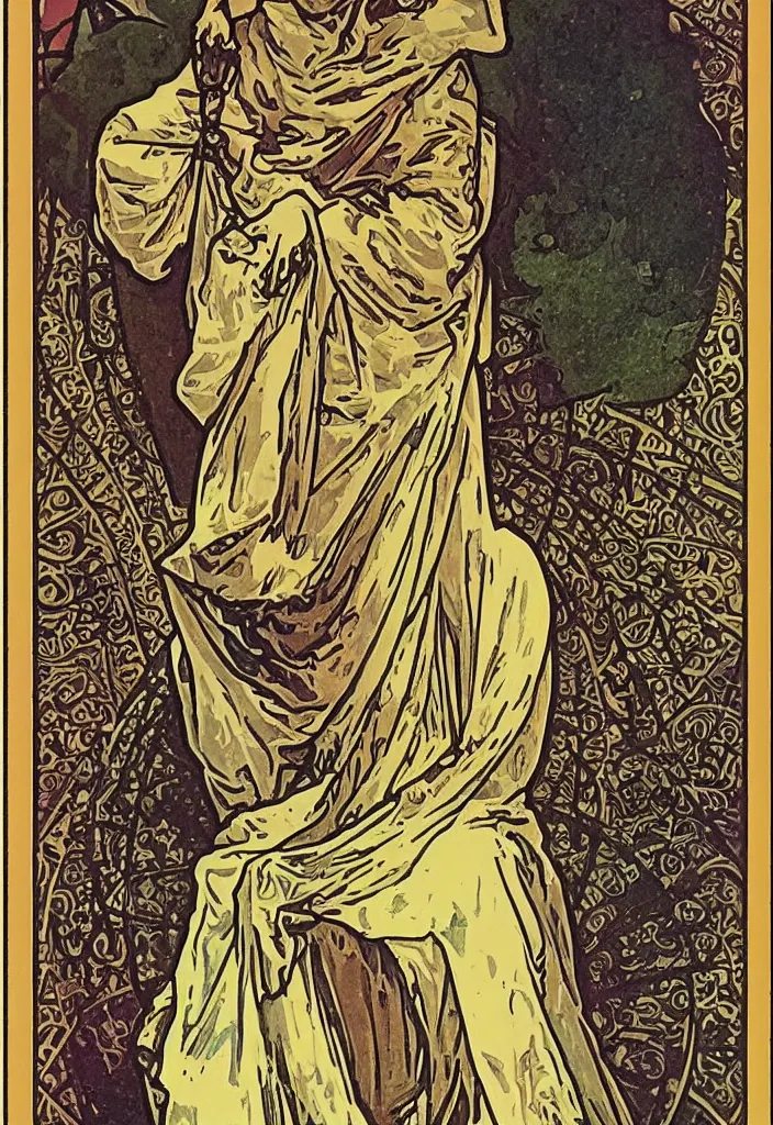 Image similar to Geoffrey Hinton as The Hierophant on a tarot card, tarot in art style by Alphonse Mucha