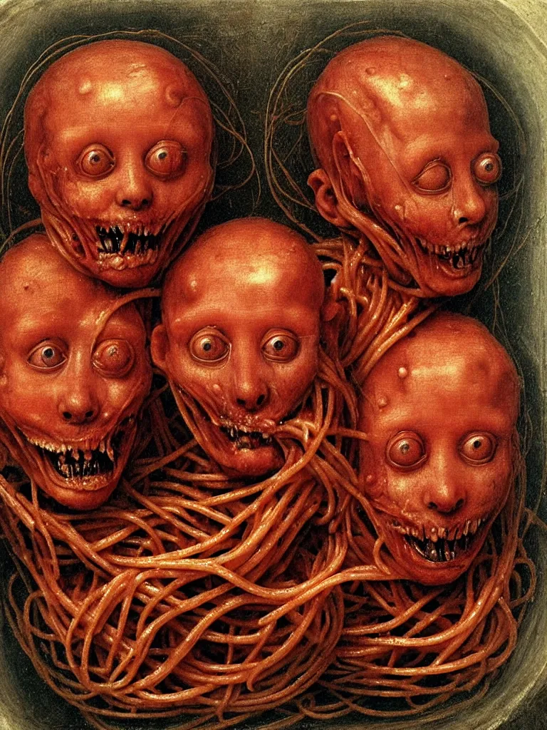 Prompt: siamese twins made of spaghetti sitting in a tub full of tomato sauce, looking straight into camera, screaming in desperation, by giuseppe arcimboldo and ambrosius benson, renaissance, intricate and intense oil paint, a touch of joseph cornell, beksinski and hr giger and edward munch, realistic