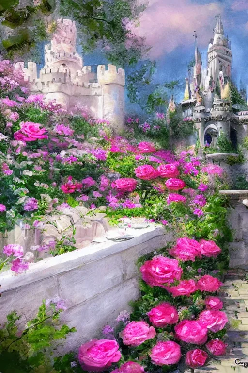 Prompt: Beautiful dream pictures, castle, roses, flowers, trending on art station