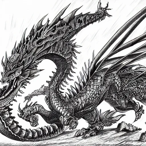 Prompt: Automaton fire dragon spirit, drawn by Kentaro Miura, ink, manga, maximalist, high detail, 8k