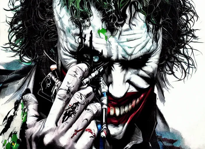 Image similar to a highly detailed beautiful portrait of the joker by yoji shinkawa