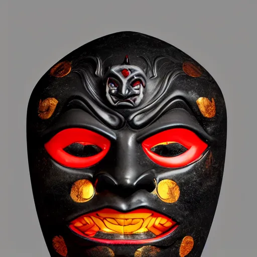 Image similar to a black hannya (般若) mask, proportional, symmetric, kintsugi, ornate, details, smooth, sharp focus, illustration, realistic, cinematic, artstation, award winning, rgb , unreal engine, octane render, cinematic light, macro, depth of field, blur, red light, 8K,