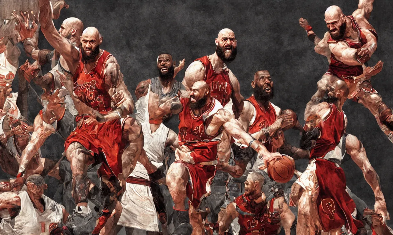 Image similar to a detailed digital painting rendition of kratos as lebron james throwing basketballs, art by norman rockwell