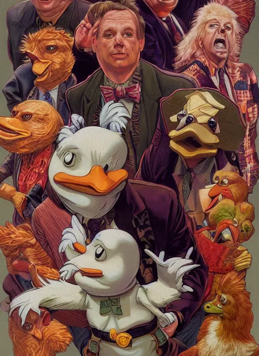 Image similar to portrait of Howard The Duck (1986) in Society (1989), highly detailed, centered, solid color background, digital painting, artstation, concept art, smooth, sharp focus, illustration, artgerm, donato giancola, Joseph Christian Leyendecker, Les Edwards, Ed Repka, WLOP, Artgerm