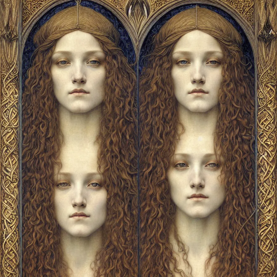 Image similar to detailed realistic beautiful young medieval queen face portrait by jean delville, gustave dore and marco mazzoni, art nouveau, symbolist, visionary, gothic, pre - raphaelite. horizontal symmetry