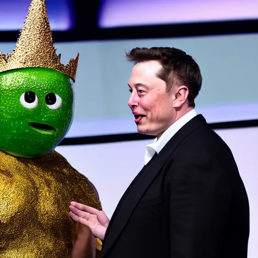 Prompt: Elon Musk shaking hands with an extraterrestrial alien with slimy green skin, googly eyes, and a golden crown