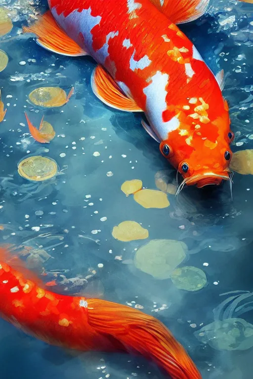 Prompt: a koi carp, colorful, blue backgroung,clean, joyful, close-up portrait, intricate, elegant, volumetric lighting, scenery, digital painting, highly detailed, artstation, sharp focus, illustration, concept art, ruan jia, steve mccurry