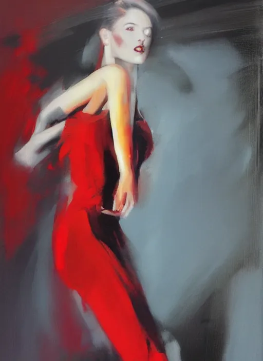 Image similar to fashion model in red dress, painting by phil hale, fransico goya,'action lines '!!!, graphic style, visible brushstrokes, motion blur, blurry, visible paint texture, crisp hd image