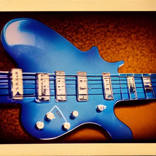 Prompt: a blue electric guitar on a table with a barbecue plate and a beer can. polaroid. 1/200 sec ISO 50. f/5.6 with artificial light