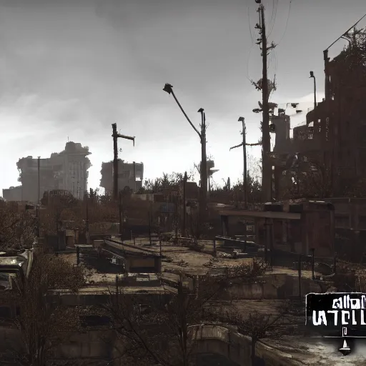 Prompt: Barcelona in ruins post-nuclear war in Fallout 4, in game screenshot