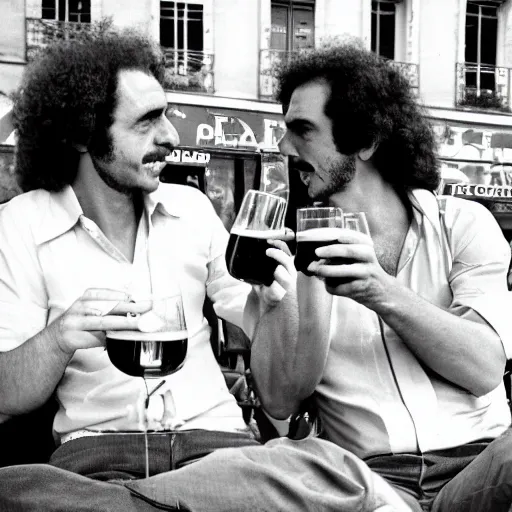 Prompt: Paris 1975, hot summer day, two man are drinking beers from large glasses, black and white, street photography, high quality
